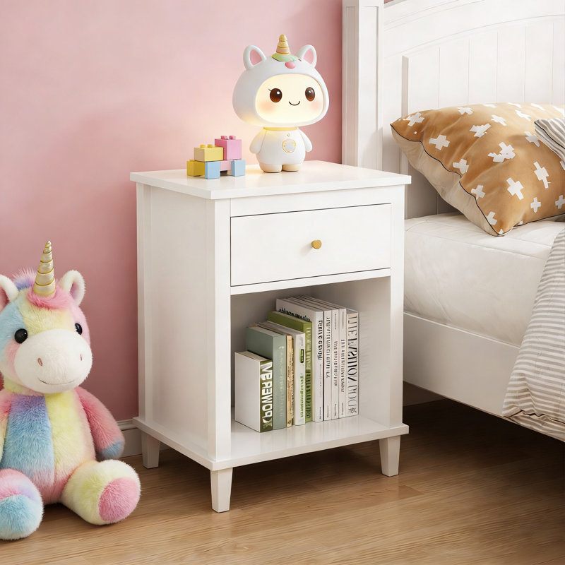 Table de chevet en bois, H 26,77 po, avec un tiroir et une tablette, pour et adultes, blanc avec poignée dorée | Idée de cadeau