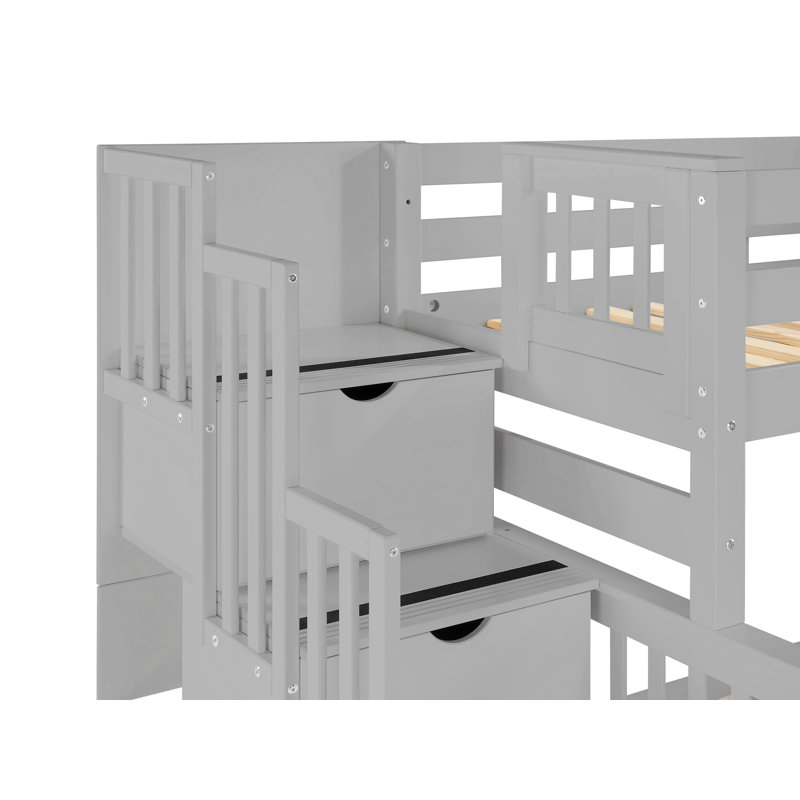 Tena Solid Wood Standard Stairway Bunk Beds Twin over Full, 4 Drawers in the Steps, Gray, Gray, Twin over Full