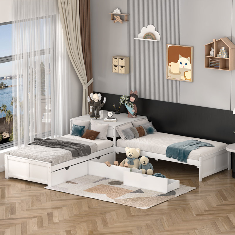 Twin Size 2 Drawers L-shaped Platform Beds with Trundle and Built-in Table, White