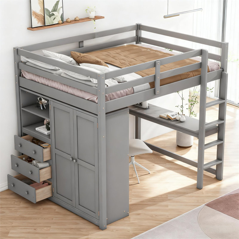 Full Size Wood Loft Bed with Built-in Wardrobe, Long Desk, Storage Shelves & 3 Drawers—Space-Saving Loft Frame with Guardrails and Ladder