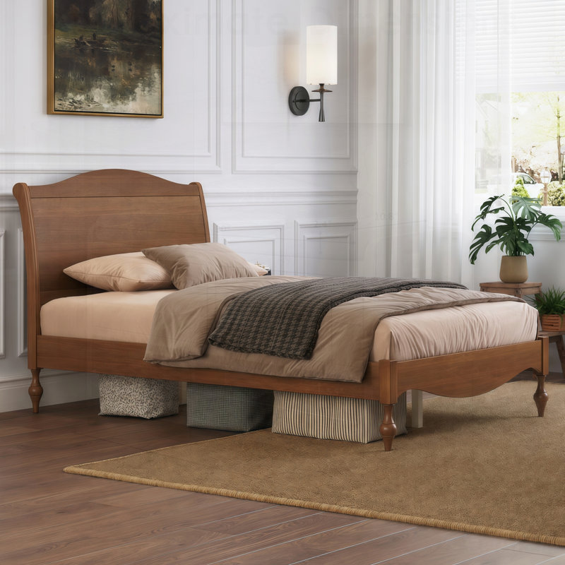 Base de lit en bois avec tête de lit, lit plateforme rétro, conception traditionnelle arquée, grand rangement sous le lit, aucun sommier tapissier requis, assemblage facile