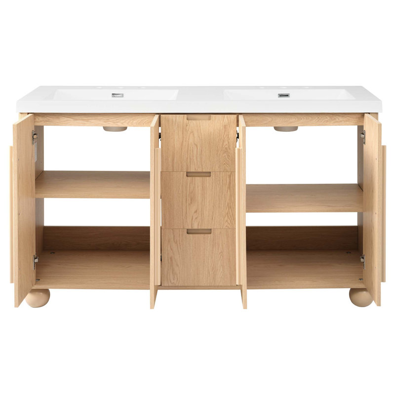 Meuble-lavabo double avec lavabos en résine et grain de bois naturel Modern