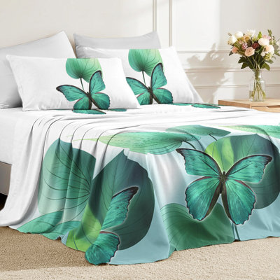 Ensemble de draps pour grand lit, draps à imprimé papillons or bleu, ensembles de literie en microfibre douce avec drap-housse à poche profonde, drap plat et taies d'oreiller