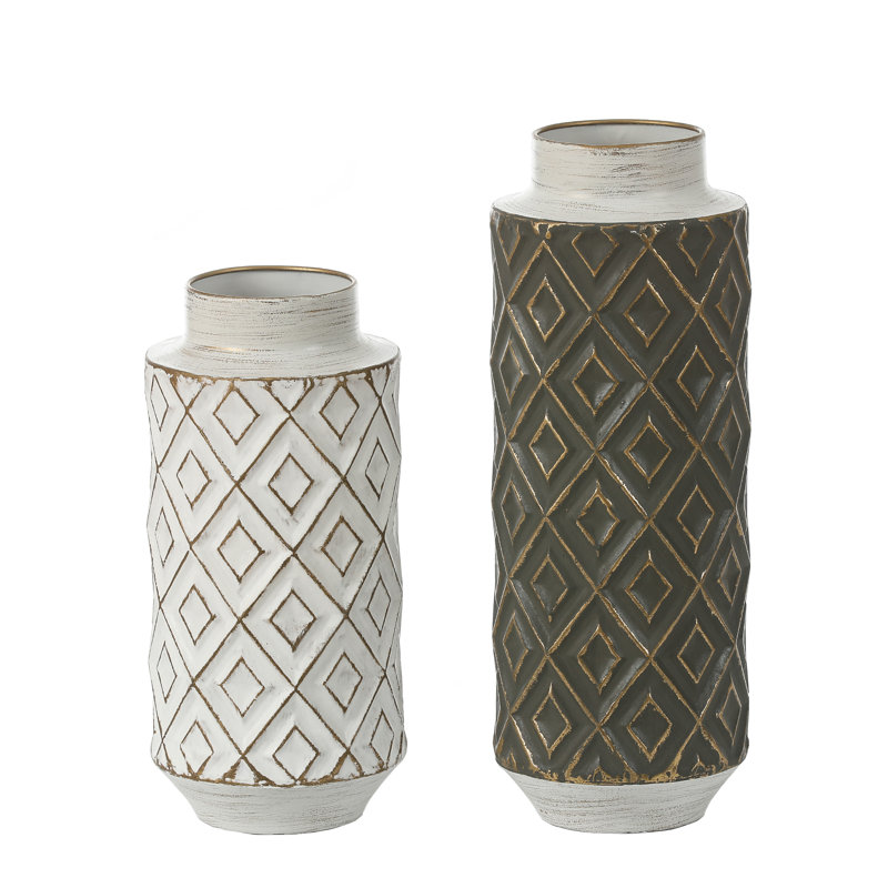 Vintage Metal Table Vase Set, Distressed Gray & Ivory Cylindrical Decorative Flower Vase