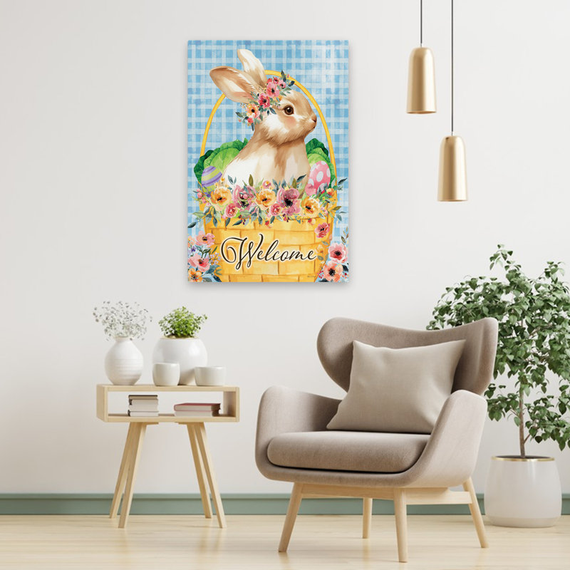 Panier de lapin de Pâques - Art moderne couronne de lapin dans un panier de fleurs, H 36 po x l 24 po