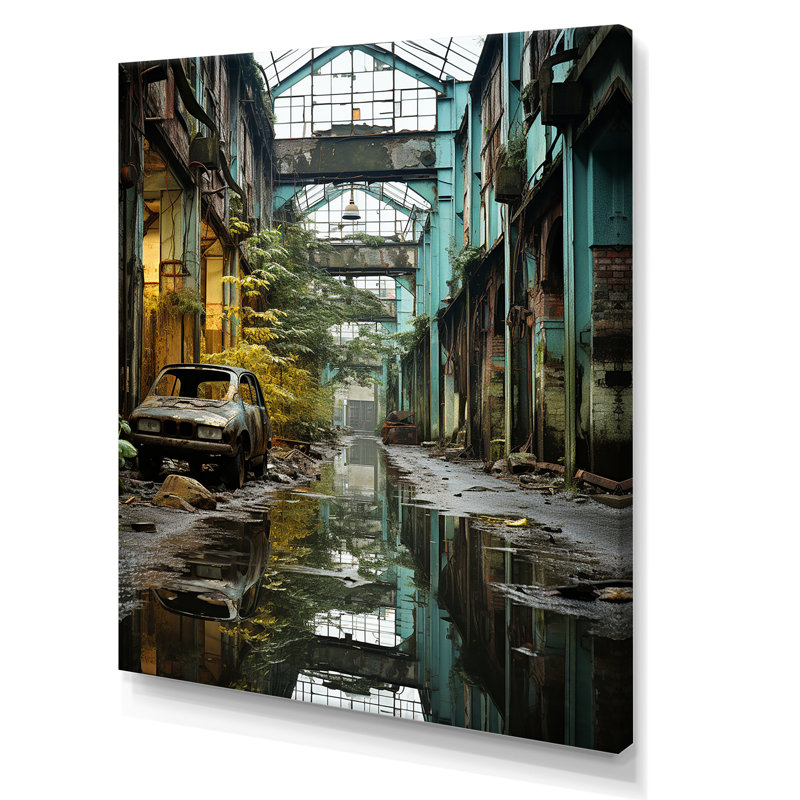 Paysage industriel, sarcelle, transformation sur toile, Toile tendue, H 40 po x l 30 po x P 1,5 po