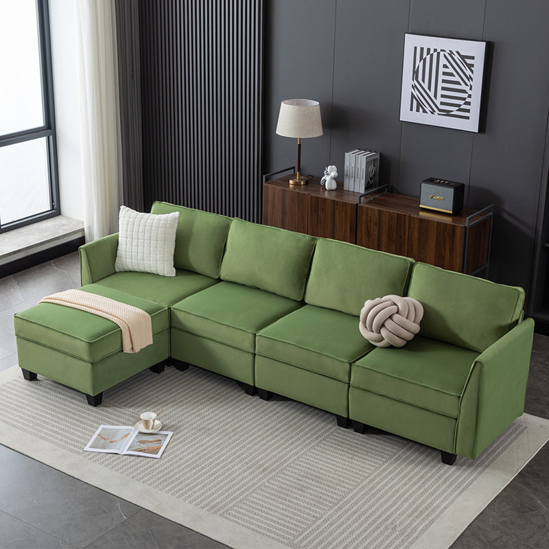 Canapé modulaire à méridienne 5 pièces Marai, Velours vert
