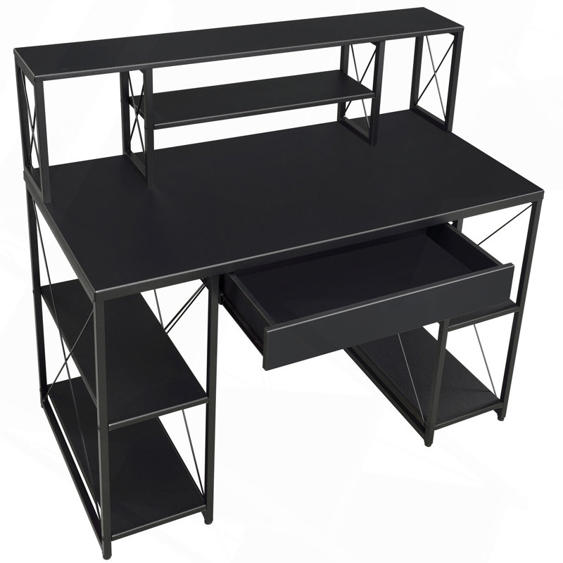 Bureau noir avec tablettes ouvertes et huche, Noir / Noir