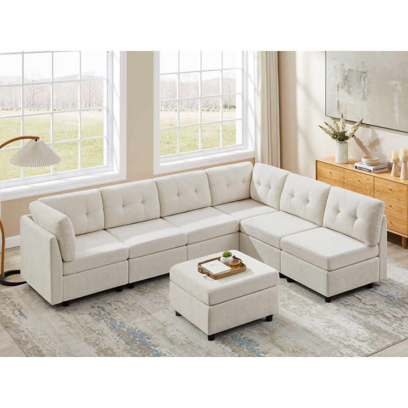 Chenille Upholstered Sectional Sofa Couch With Ottoman, Beige Polyester