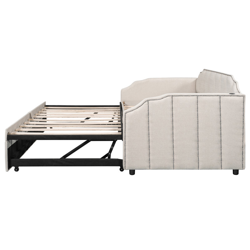 Lit de jour simple tapissier avec couchette escamotable, ports de chargement USB et rangement, beige, Beige