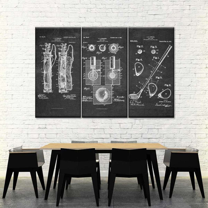 Ensemble de 3 pièces de brevet de golf sur toile, H 42 po x l 65 po x P 1,25 po