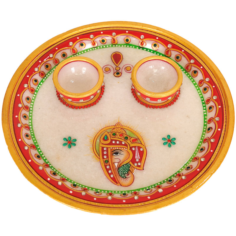 Petit ensemble de 6,5 pouces Puja Thali en marbre - assiette de prière fabriquée à la main avec diya