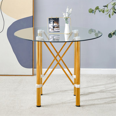 Élégante table ronde en verre transparent - Verre trempé rond transparent de 36 pouces de diamètre avec pieds en métal doré. Pieds télescopiques en métal, plateau de table circulaire en verre transparent, raccord à ventouse.