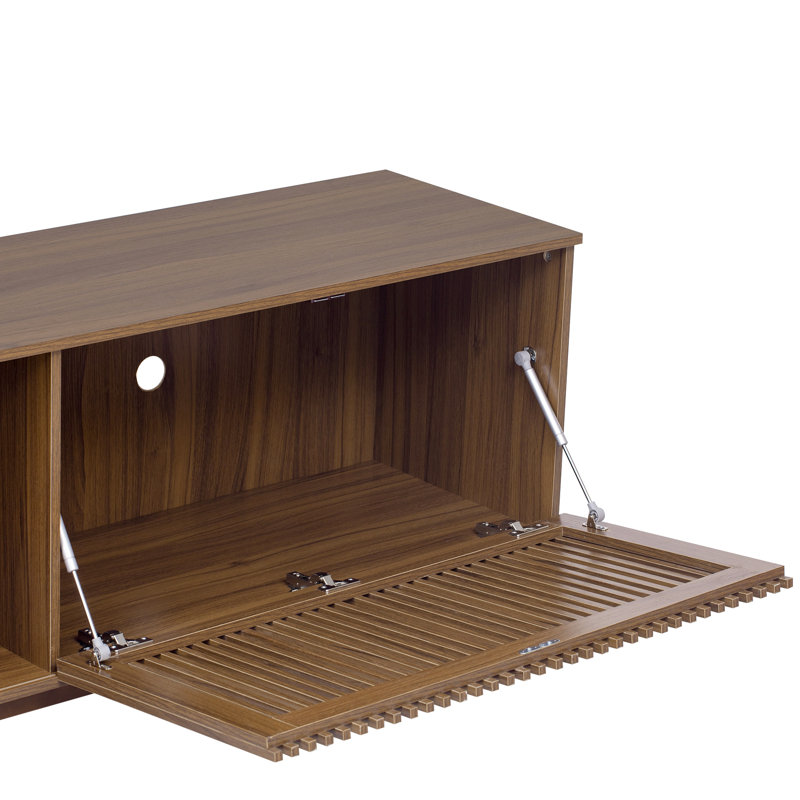 Meuble de divertissement moderne noyer Mid-Century avec porte coulissante, option rabattable, cachette pour animaux de compagnie et portes et téléviseurs de style pièce, centre chic