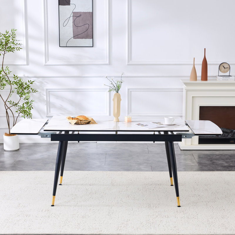 55'' - 79'' Extendable Sintered Stone Dining Table with Hidden Extension Leaf and Metal Legs