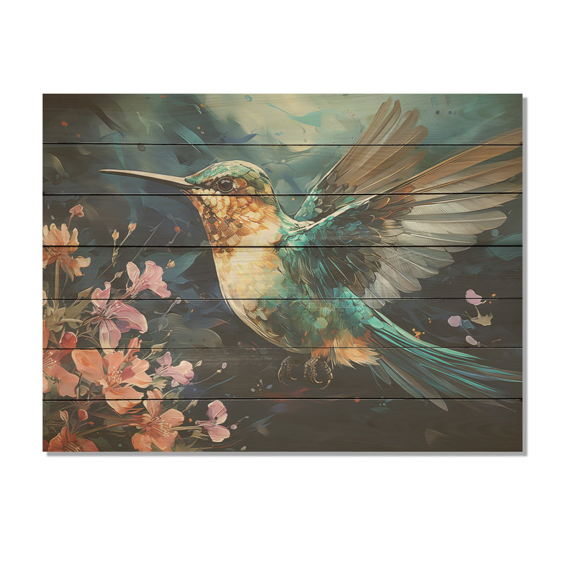 Colibri vert émeraude en fleurs II - Colibri sur bois, H 10 po x l 20 po