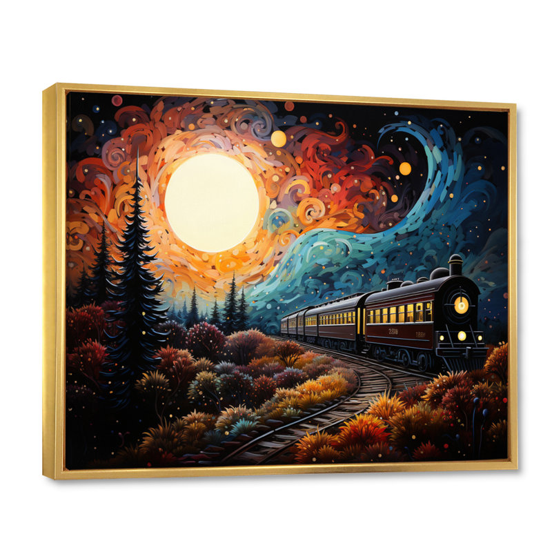 Train enchanted voyage pointillisme sur toile, Cadre flottant doré, H 12 po x l 20 po x P 1 po