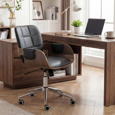 Lisa Swivel Height-Adjustable Tilting Faux Leather Task Chair With Curved Wood Design by George Oliver