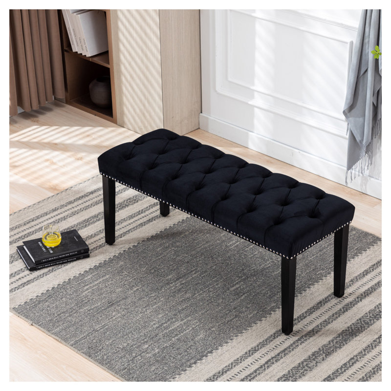 Heng Ming Upholstered Tufted Bench Ottoman - Black Velvet Entryway Bench with Tufted Design, Footrest Stool for Living Room, Dining Room & Bedroom