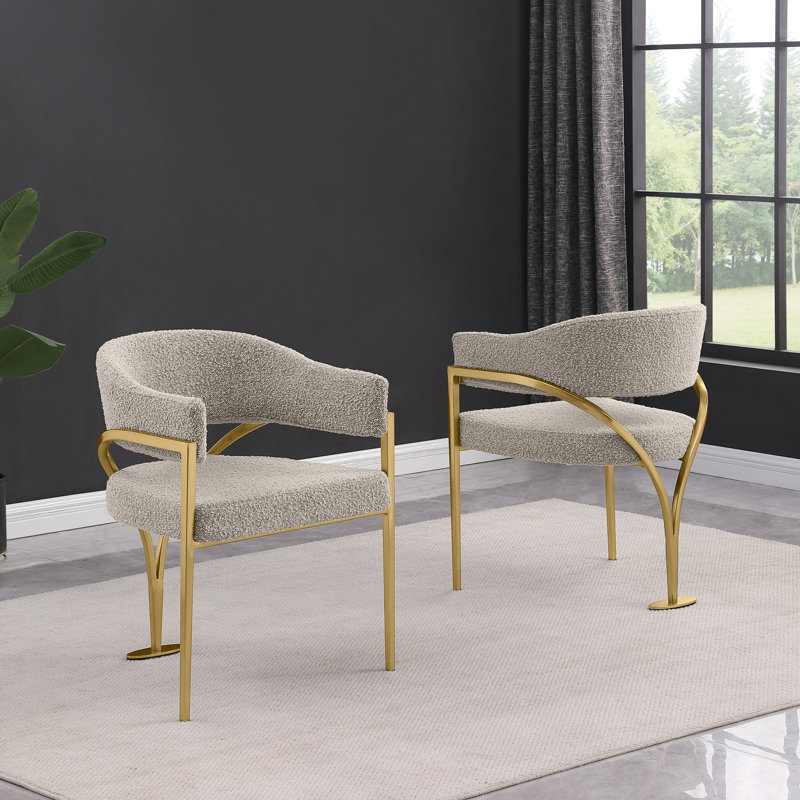 Chaises d'appoint en tissu Tripod Boucle avec structure en chrome brossé, Or brossé, Beige