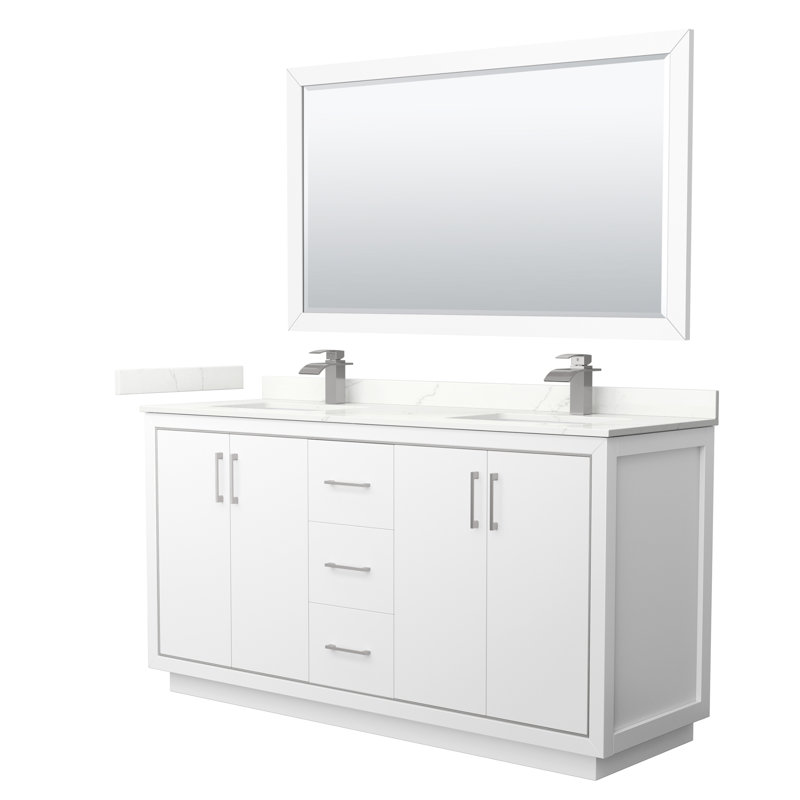 Meuble-lavabo double autoportant 66 po avec plateau en quartz 66 po, Quartz Giotto, Blanc, Bronze satiné