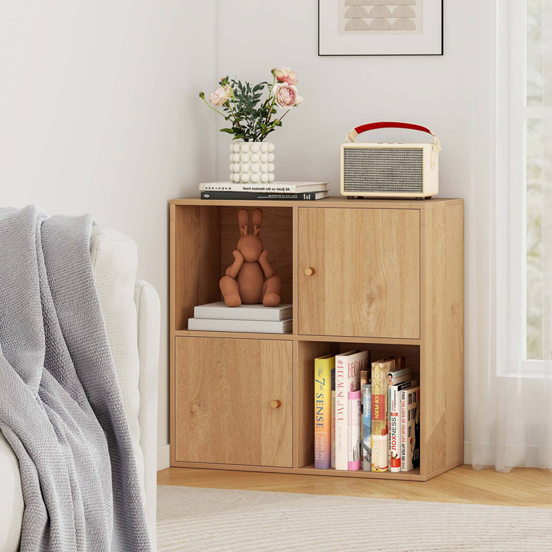 4-cube Bookcase With Dual Anti-tipping Kits & 2 Cabinets Storage Organizer, Natural