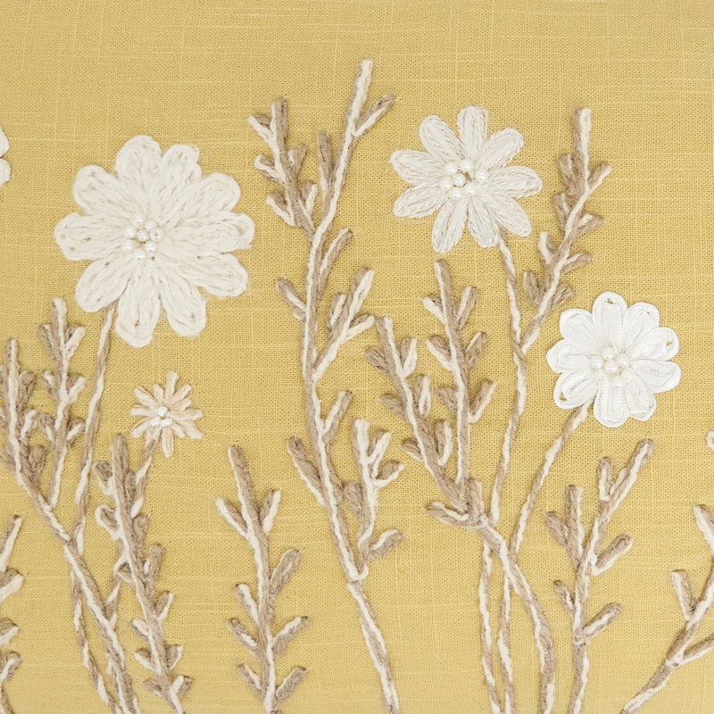 Delicate Embroidered Floral Pillow Cover, Polyester, Yellow