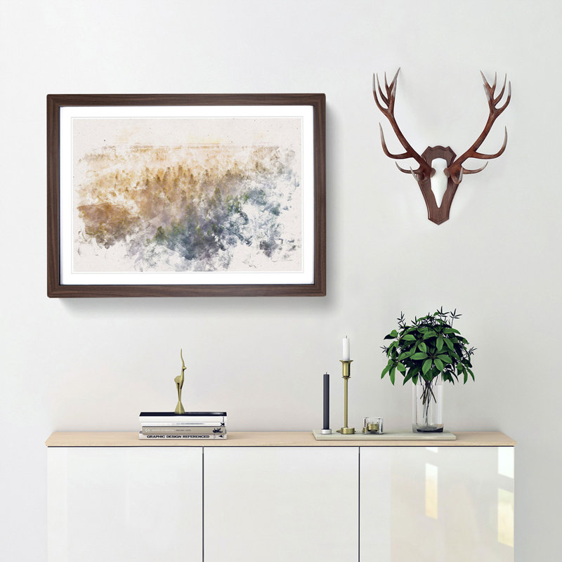 Fog Over The Forest Watercolour - Single Picture Frame Print on MDF, 45cm H x 63cm W x 2cm D, Walnut Framed