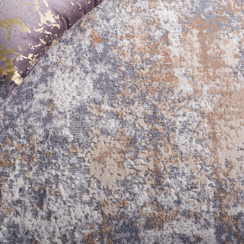 Tapis en polypropylène / polyester abstrait tissé à la machine en gris / beige, Rond 6 pi 7 po