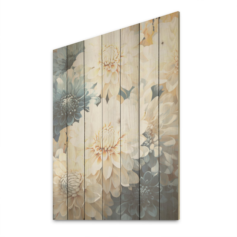 «Mums White and Blue Elegance I - Mums», art sur bois de pin naturel, H 40 po x l 30 po