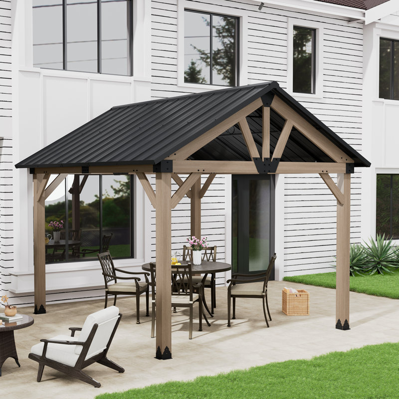Patio Cedar Framed Wooden Steel Hardtop Gable Roof Gazebo, 111.6" H x 144" W x 120" D