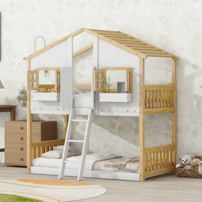Twin over Twin House Bunk Bed with Window Box and Door