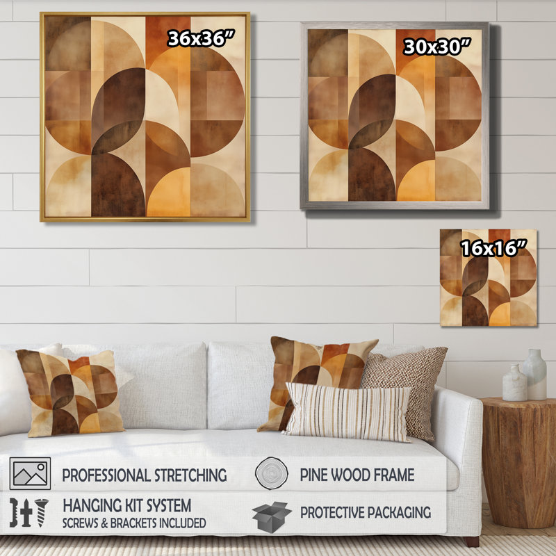 Composition en arc III - Formes abstraites - Tableau encadré aux tons terreux brun-orange, H 30 po x l 30 po