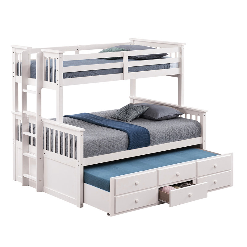 Lit superposé simple au-dessus d'un lit double transitionnel de couleur blanche, avec accès latéral et 3 tiroirs sous le lit, fabrication en bois d'ingénierie massif, joints à insérer et à verrou, lit gigogne pour chambre à coucher avec rangement blanc