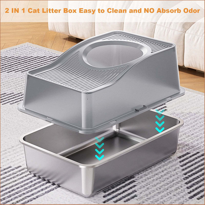 Stainless Steel Fully Enclosed Cat Litter Box With Hollow Lid And Heightened Lid To Prevent Splashing And Carry-Out, Top-Entry Deodorizing Cat Toilet