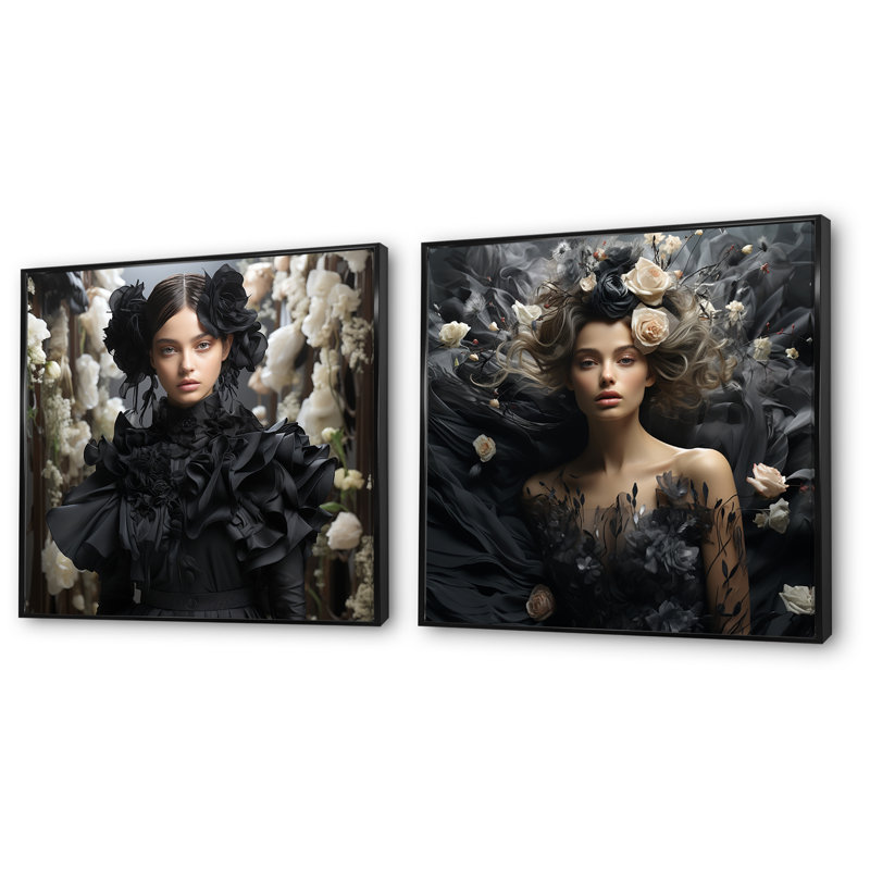 Ensemble de 2 décorations murales en coton noir et blanc Couture, Cadre flottant noir, H 16 po x l 33 po x P 1 po