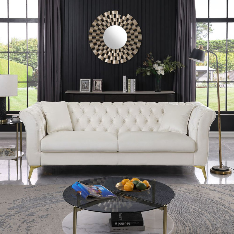 87" Oro Chesterfield Sofa with Flared Arms, White Velvet