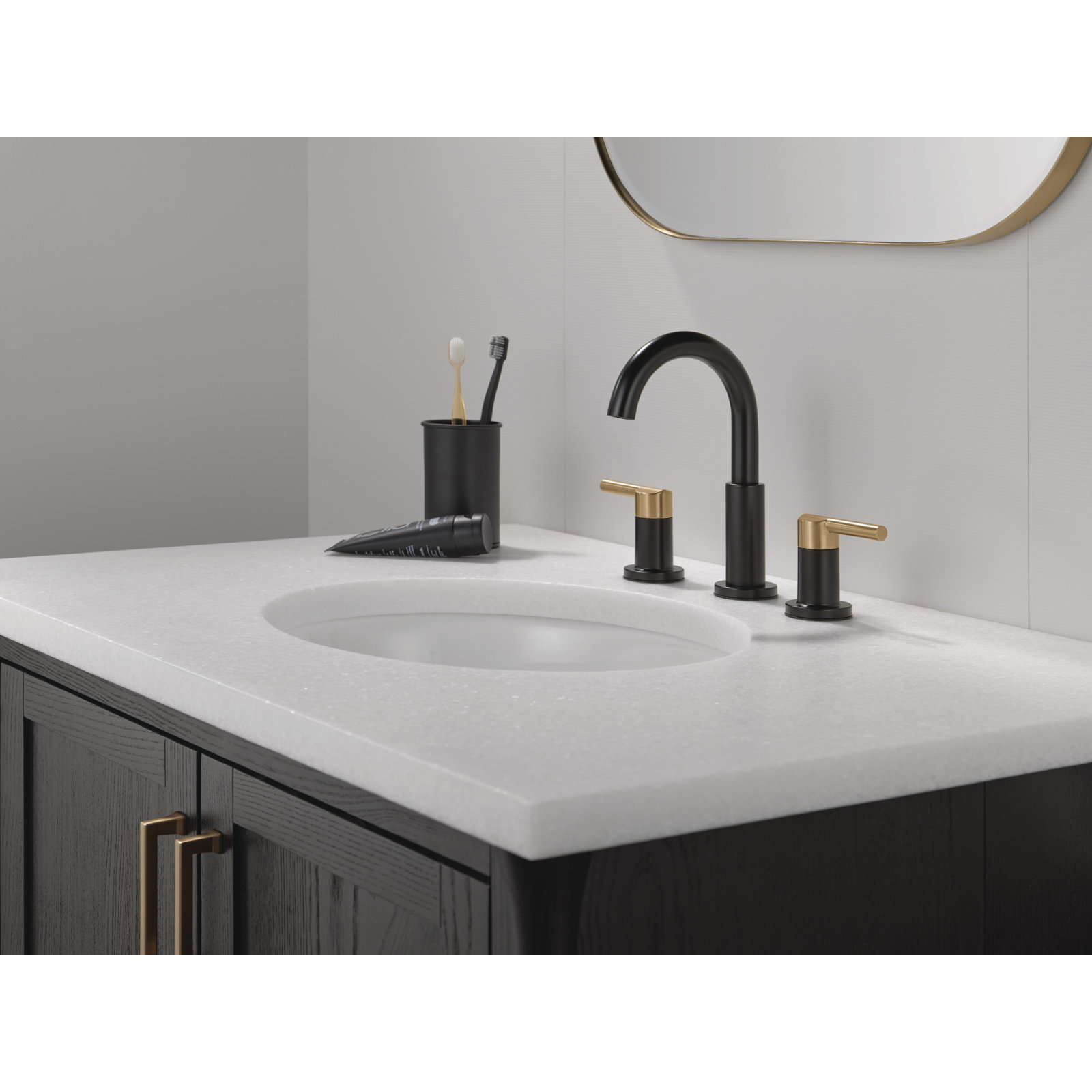 Nicoli Widespread Bathroom Faucet with Drain, Matte Black/Champagne Bronze