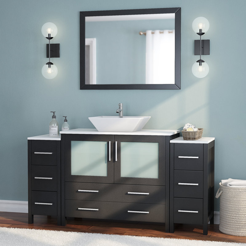 Ravenna 60" Freestanding Single Sink Bathroom Vanity with Engineered Marble Top and Matching Mirror, Espresso