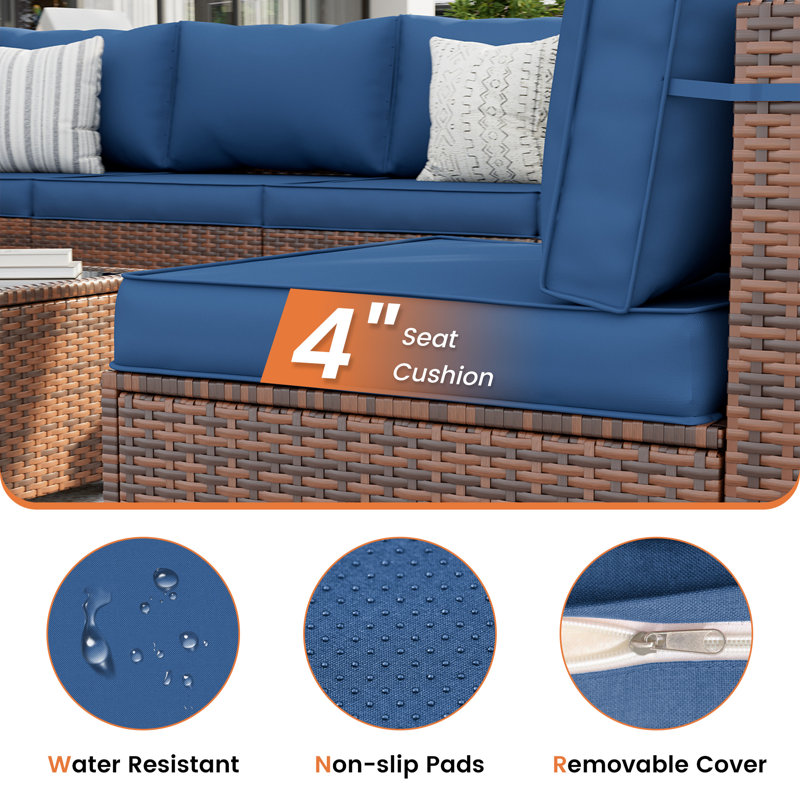 Dinyu Wicker 6 - Person Modular Patio Conversation Set with Cushions, Blue