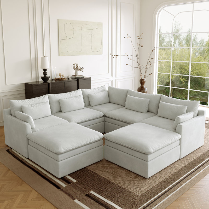 Canapé modulaire 7 pièces à double couche avec coussins et repose-pieds, White Polyester
