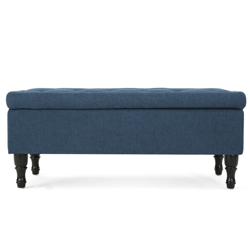 Rangement - Confortable, tissu bleu marine avec pieds en bois foncé fuchsia