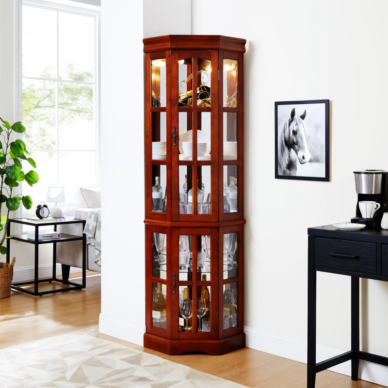 Vitrine de coin avec 5 tablettes et système d'éclairage, Noyer