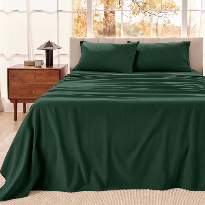 Organic 100% Cotton Flannel Sheet Set, King Sheet Set with 2 Pillowcases, Forest Green