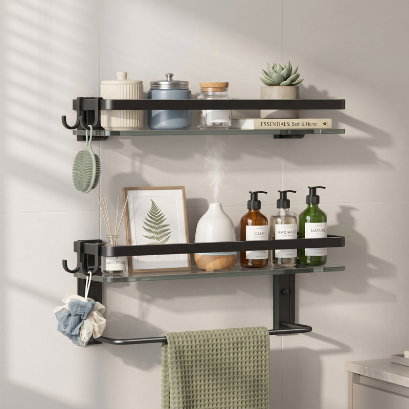 Black 15.7 Inch Tempered Glass Shelf for Bathroom Wall Mounting, 2-Tier Design Includes 4 Removable Hooks for Hanging Items