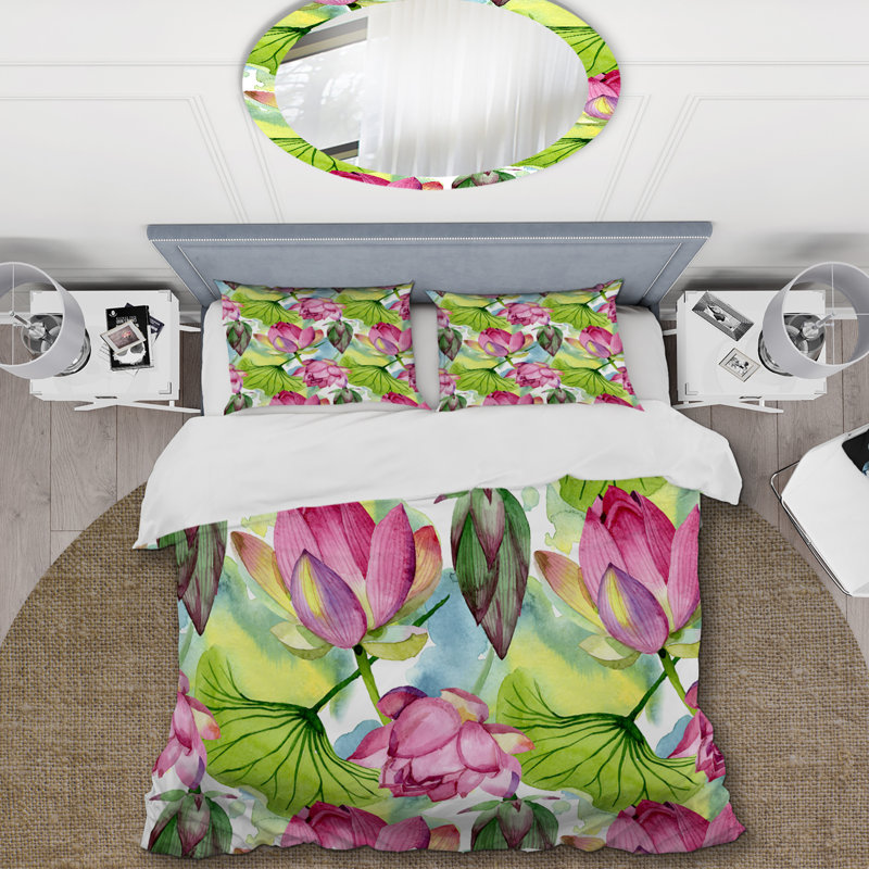 Ensemble de housse de couette fleurs de lotus roses et vertes, Housse de couette pour très grand lit et 2 très