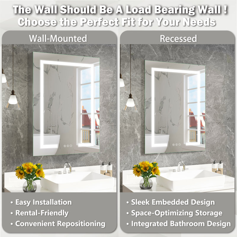 Hartli 24"W* 32"H Recessed or Surface Mount LED Medicine Cabinet Mirror with Dimmable Light & Socket, Silver, Right Hinge