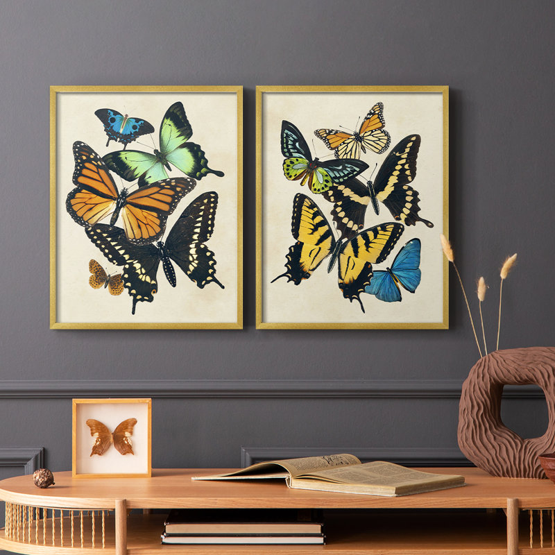 «Collage Butterflies I-Premium», reproduction encadrée prête à accrocher - aucun clou requis - aucun clou requis, Doré