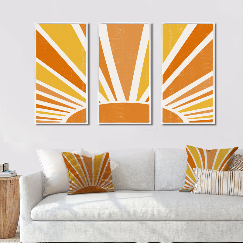 «Minimalist Bright Shining Orange Sun Rays II», reproduction de cadre flottant sur toile 3 pièces, Blanc, H 32 po x l 48 po