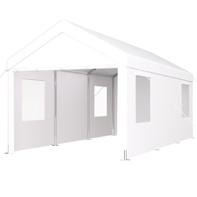 Auvent de garage portatif 12 pi x 20 pi. Structure en acier galvanisé, 2 portes, 4 fenêtres d'aération. Housse en PE hydrofuge, facile à assembler pour voiture, camion, bateau, abri d'auto avec jardin.
